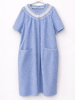 PINK K Gingham Housecoat Blue Checkered Snap Button Dress 3X Coquette Dress